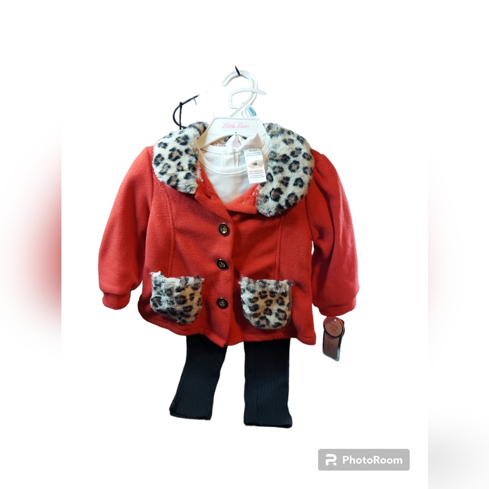 Little Lass Three Piece Fleece Jacket, Shirt, Leggings Girl's Size 12 Months NWT